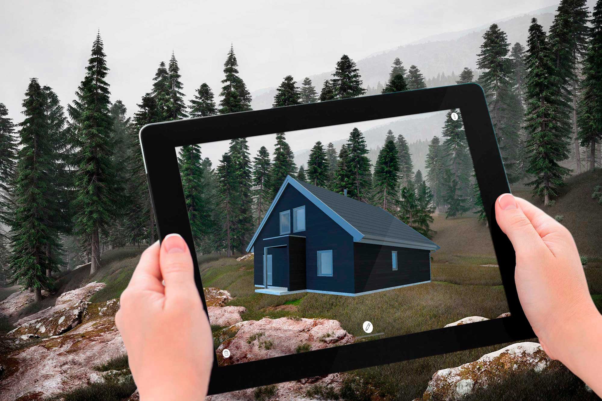 Augmented Reality Solutions by Cadesign form - a wooden house on an iPad blends in with the landscape