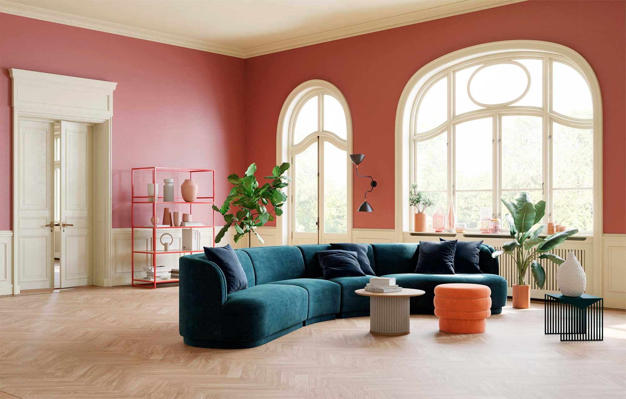 Sofa in modernem Altbau, farbenfroh bunt